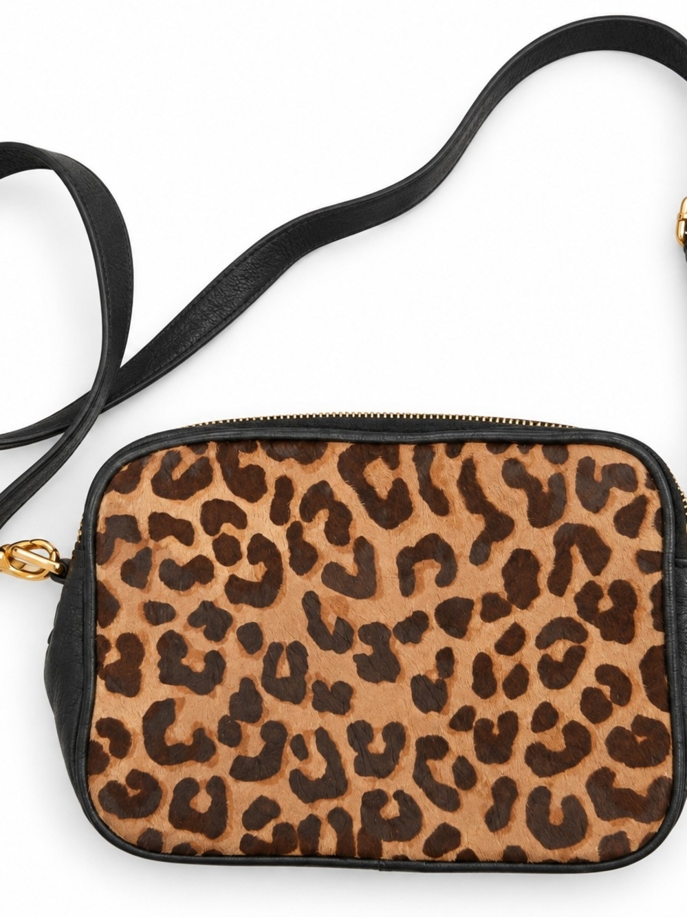 Margot Leopard Calf Hair Black Leather Double Zip Crossbody Bag